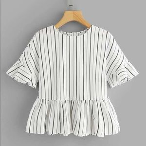 Fluted Sleeve Ruffle Hem Stripped Top